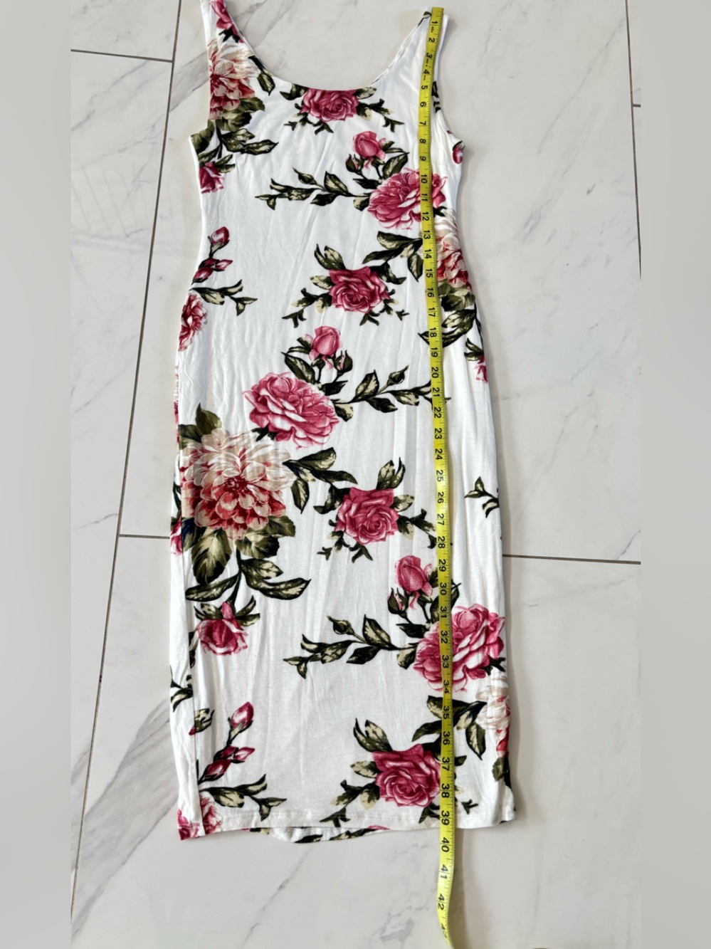Popular Basics White Midi Dress with Pink Rose Print and back zipper Medium - Picture 13 of 14